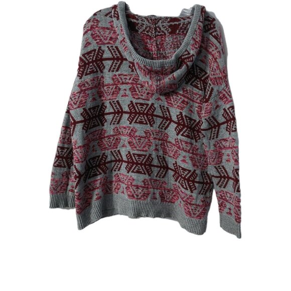 American Eagle Womens Sweater Size Medium Gray Aztec Print Hooded V-Neck - Picture 2 of 9